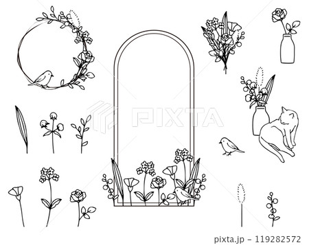植物やお花のシンプルフレームセットイラスト素材 植物やお花のシンプルフレームセットイラスト素材 119282572