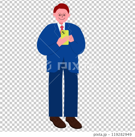 Full-body illustration of a man wearing glasses and a suit operating a smartphone Full-body illustration of a man wearing glasses and a suit operating a smartphone 119282949