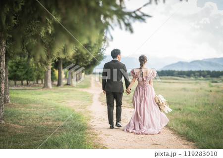 公園でドレス姿で手を繋ぐ新郎新婦（ウェディング・結婚・ロマンス・ブライダル・アンティーク） 119283010