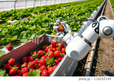農業ロボットがイチゴを収穫する近代的な農園 119283144