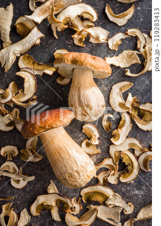 Dried porcini mushrooms. Sliced boletus on black table. Top view. 119283413