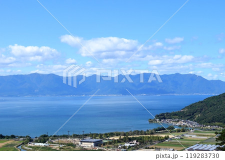 八幡山から見下ろす長命寺港と湖西の山並み 119283730