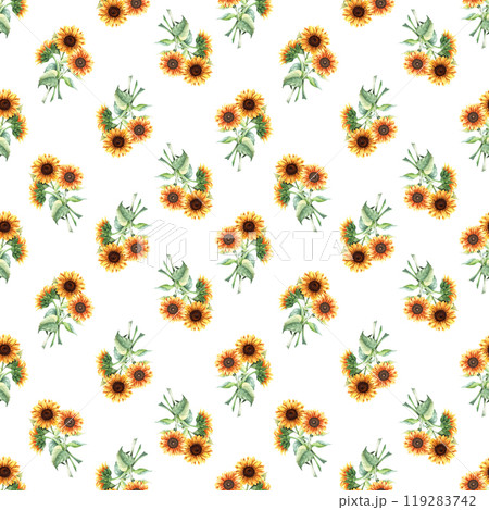 Watercolor seamless pattern with bouquets of sunflowers. Hand drawn repeat pattern isolated on white background for wrapping wallpaper fabric textile 119283742