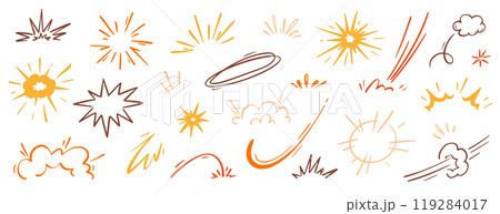Comic cartoon boom speed effect, explosive motion line element set. Comic boom burst, explosive smoke, line speed cartoon vector icon. Hand drawn sketch doodle action effect. Vector 119284017