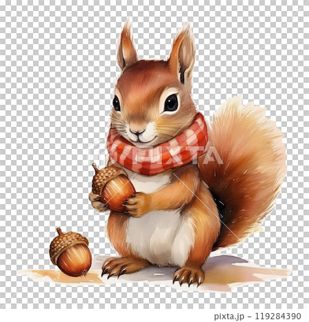 Illustration 4 of a squirrel wearing a neck warmer holding an acorn / flyer or poster material Illustration 4 of a squirrel wearing a neck warmer holding an acorn / flyer or poster material 119284390