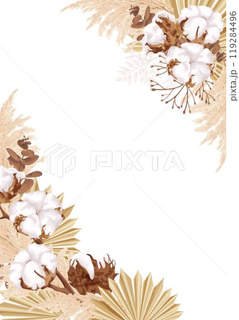 Wedding vector frame in boho style with cotton flowers, 119284496