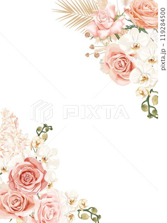 A wedding vector frame with flowers pink roses, white orchids, delicate hydrangeas, dried palm leaves. A wedding vector frame with flowers pink roses, white orchids, delicate hydrangeas, dried palm leaves. 119284500