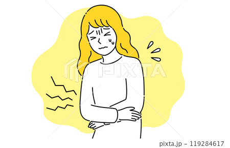 腹痛・生理痛・病気の若い女性・シンプルでポップなベクターイラスト 119284617