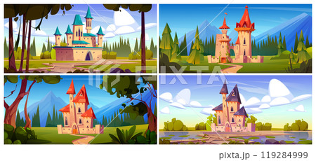 Fairy tale medieval castle cartoon background set Fairy tale medieval castle cartoon background set 119284999