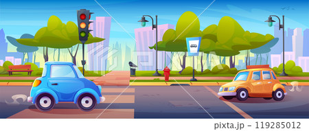 Summer landscape of city street road and sidewalk 119285012