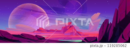 Alien planet landscape with rocky surface and lake 119285062