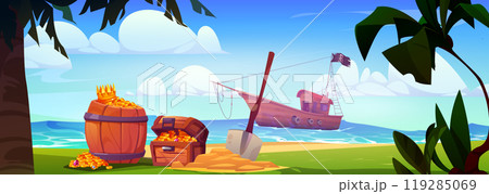 Pirates on ship came ashore to bury treasure. Pirates on ship came ashore to bury treasure. 119285069