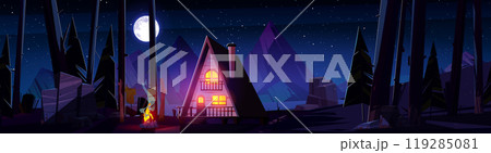 Wooden house near night forest river 119285081