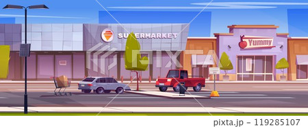Grocery supermarket building with parking vector 119285107