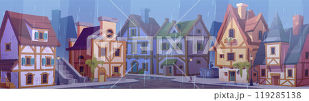 Medieval german city street with houses at rain. Medieval german city street with houses at rain. 119285138