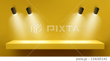 Wall with shelf and light lamp for product display 119285142