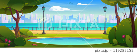 Summer day on city promenade with lake 119285155