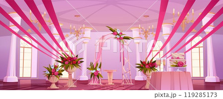 Wedding ceremony setup with arch 119285173