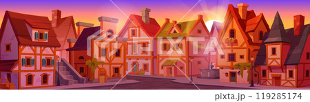 Medieval german city street at sunset or sunrise. 119285174