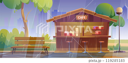 Outdoor street cafe in city park with rain vector 119285183