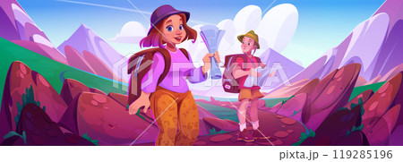 Tourists hiking in mountains with maps 119285196