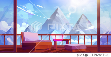Wooden terrace with mountain view above clouds Wooden terrace with mountain view above clouds 119285198