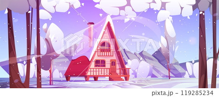 Cartoon winter snowy landscape with wooden house 119285234