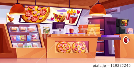 Pizzeria interior with furniture and equipment. Pizzeria interior with furniture and equipment. 119285246