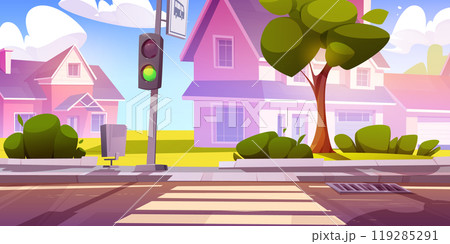 Suburban landscape with sidewalk and traffic light Suburban landscape with sidewalk and traffic light 119285291