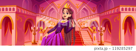 Princess girl in castle hall with stairs. Princess girl in castle hall with stairs. 119285297