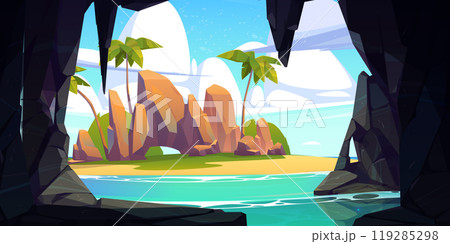 Tropical island seen from dark cave Tropical island seen from dark cave 119285298