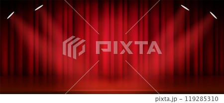 Theater stage with closed red curtain and soffit Theater stage with closed red curtain and soffit 119285310