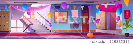 School hallway decorated with flags and balloons 119285312