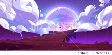 Purple alien landscape with planet rocky surface Purple alien landscape with planet rocky surface 119285314