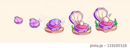 Sea shell with pearl grow and open steps progress Sea shell with pearl grow and open steps progress 119285328