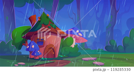 Magic wonderland with fairy wood house under rain. 119285330