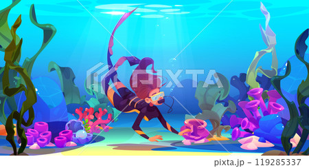 Scuba diver swims in sea and explores sandy bottom Scuba diver swims in sea and explores sandy bottom 119285337