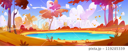 Autumn forest lake with yellow foliage on trees 119285339