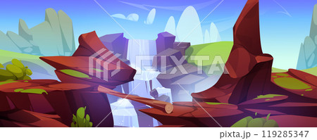 Log bridge over mountain waterfall 119285347