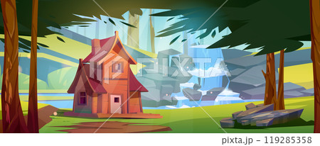 Wooden house in forest on shore of river 119285358