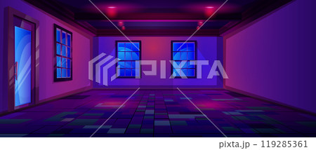 Empty room with door and windows at night. 119285361