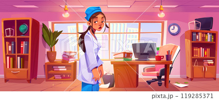 Tired doctor or nurse standing in office Tired doctor or nurse standing in office 119285371