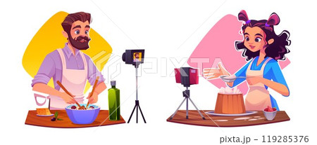 Cartoon food video blog vector illustration. 119285376