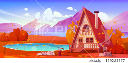 Wooden cottage near autumn mountain lake 119285377