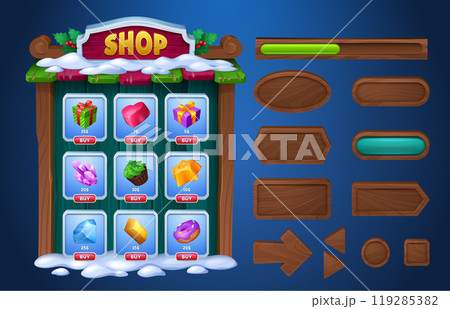 Game ui menu boards, buttons and shop design. Game ui menu boards, buttons and shop design. 119285382