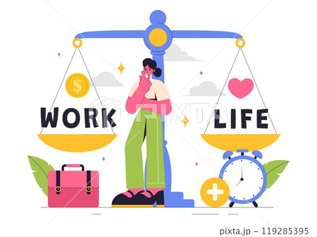Work Life Balance Vector Illustration of a Person Balancing Job, Family and Leisure Activities in a Multitasking Flat Style Cartoon Background 119285395