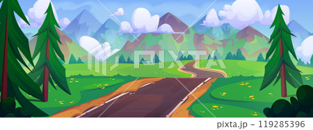 Empty curve road among green trees and mountains Empty curve road among green trees and mountains 119285396