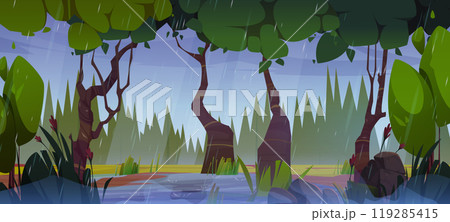 Rain in flooded forest with puddles on ground 119285415