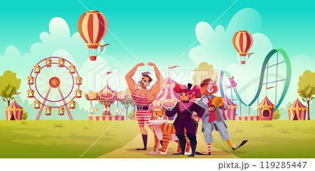 Retro circus actors in theme park Retro circus actors in theme park 119285447