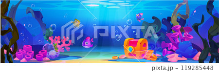 Bottom ocean underwater world with treasure chest Bottom ocean underwater world with treasure chest 119285448